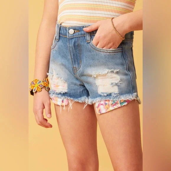 Excellent Condition Hayden Girls Distressed Sequin Denim Shorts size: 13/14 - Picture 5 of 11